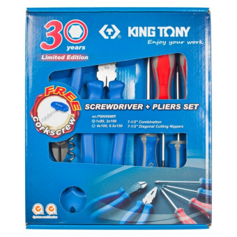 Набор пассатижей, бокорезов и отверток, 6 предметов, в комплекте штопор для бутылок KING TONY P90006MR01